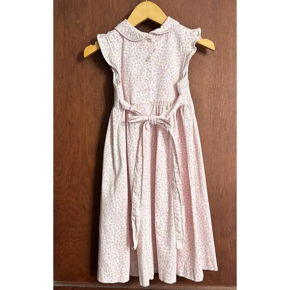 Vintage Laura Ashley Girls 5 Pink Floral Smocked Dress Peter Pan Collar Cotton